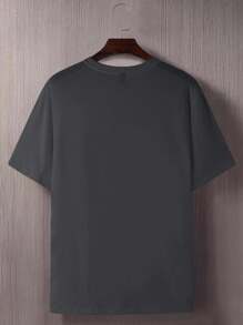 Manfinity Homme 大码男士休闲宽松牛头压花圆领短袖T恤 - 深灰色 - 查看 3