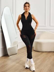 Slayform Women's Mesh Patchwork Zipper Sleeveless Top And Tight Mesh Patchwork 3/4 Leggings Two Pieces Sportswear Set, Casual Yoga Daily Outfit Workout Sets - Black - View 5