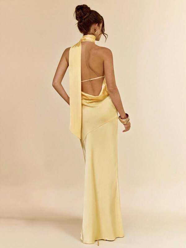 SHEIN BAE Women's Yellow Satin Asymmetric Spaghetti Strap Backless Dress, Sexy Minimalist Design For Party, Cocktail, Formal Events, Bridesmaid, Birthday, Spring/Summer