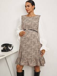 MaterniWear Office,Business Casual Woman,Fall Clothes,Autumn Clothes,Maternity Autumn Clothes Maternity Maternity Casual Ruffle Hem Puff Sleeve Dress - Khaki - View 1