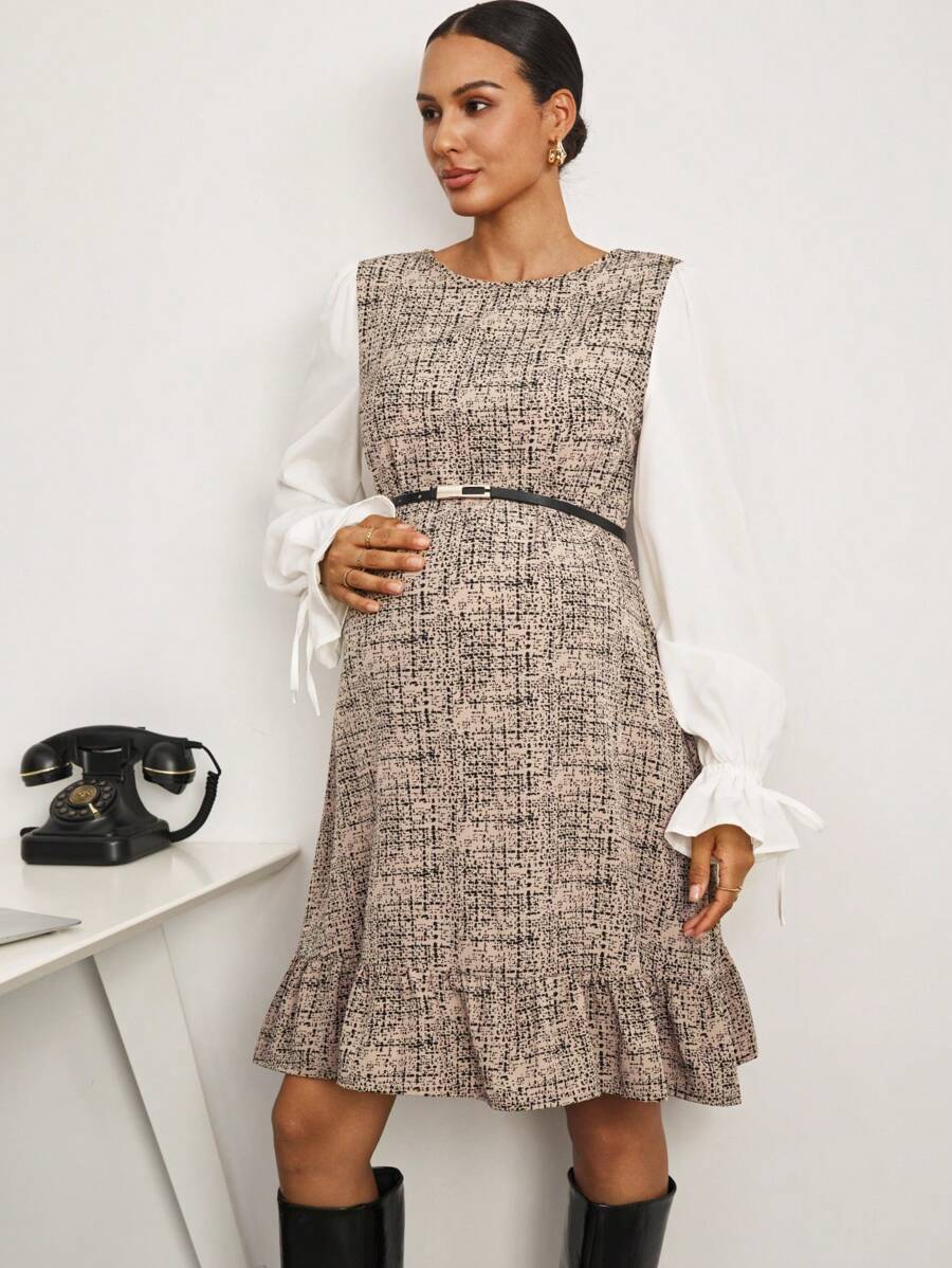 MaterniWear Office,Business Casual Woman,Fall Clothes,Autumn Clothes,Maternity Autumn Clothes Maternity Maternity Casual Ruffle Hem Puff Sleeve Dress - Khaki - View 1