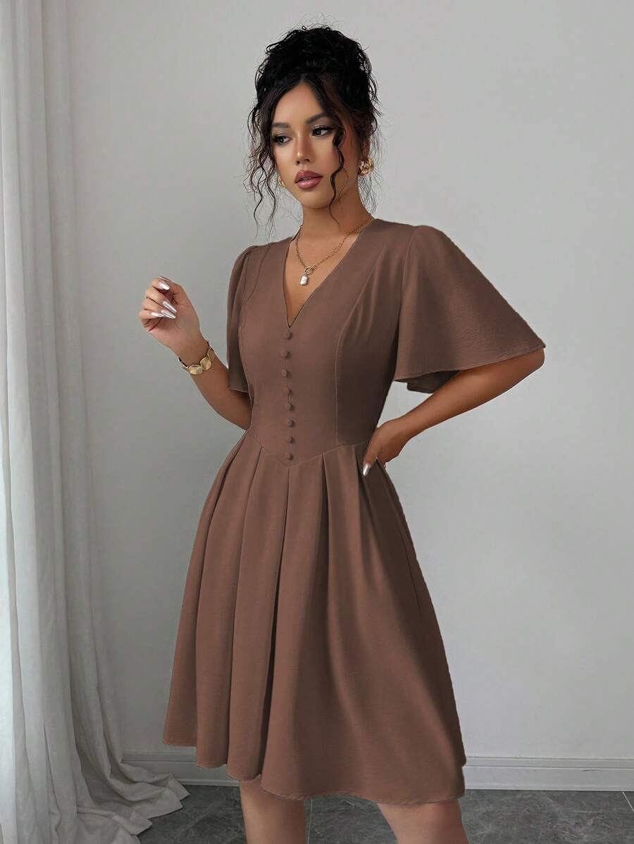 Elenzga Women's Casual Elegant V-Neck Ruffle Sleeve Decorative Button Hem Elastic Waist Short Dress, Suitable For Spring/Summer, Commute, Vacation, Afternoon Tea, Party - Brown - View 1