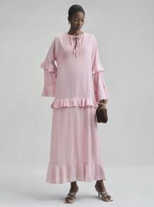 Ontre 女士长袖荷叶边连衣裙，海滩度假装，波西米亚海岛度假村音乐节万圣节圣诞派对优雅连衣裙优雅知性女性婚礼宾客礼服套装和美丽的法式宽松高端感的知性与优雅老钱风格邮轮服装度假装四季现代度假游牧休闲时尚百搭女装乡村演唱会服装西方风格女装 - 淺粉色 - 查看 4