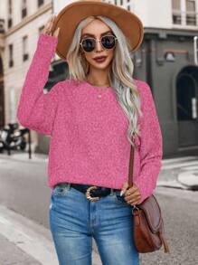 EMERY ROSE Casual Solid Color Drop Shoulder Loose Knit Sweater, Autumn/Winter Knit Pullover Fall - Hot Pink - View 4