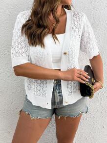 SHEIN Tall CURVE Women's Button Front Short Sleeve Knitted Cardigan, Plus Size Open Knit Cardigan For Autumn Winter Fall