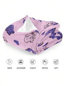 TOM & JERRY X SHEIN Letter & Cartoon Pattern Plush Flannel Fleece Throw Blanket - Ultra-Soft & Anti-Pilling For Couch, Bed, Office, Travel - Easy Care 100% Polyester - Baby Pink - View 4