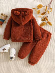 SHEIN 2 件套男婴加厚法兰绒泰迪熊刺绣连帽长袖卫衣和松紧腰裤套装，儿童服装，婴儿服装，婴儿装，婴儿上衣，男婴泰迪熊套装，适合秋冬季 - 棕色 - 查看 2