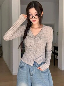 DAZY Women's Ribbed Knit Cardigan, Long Sleeve, Open Front, Spring/Autumn - Apricot - View 6