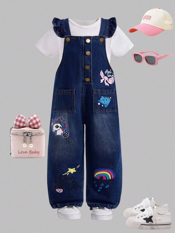 SHEIN Young Girl Unicorn & Rainbow Print Dual Pocket Denim Overall Jumpsuit Summer Holiday
