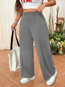 SHEIN EZwear 大码女式纯色简约直筒休闲裤 - 灰色 - 查看 4