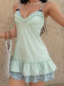 Sunnyshic Women's Casual Summer Holiday Plaid Patchwork Ditsy Floral Double Ruffle Hem Spaghetti Strap Mini Dress - Green - View 3