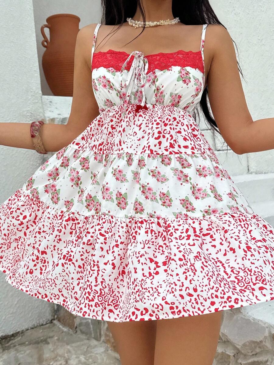 Sunnyshic Váy yếm ngắn họa tiết hoa báo vá khối màu giản dị ngày lễ dành cho nữ - trắng - Xem 1