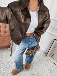 SHEIN EZwear Women's New Vintage Style Leather Long Sleeve Zip Front Loose Casual Jacket Brown Cropped Jacket Women Leather Jacket In Fall/Winter - Coffee Brown - View 5