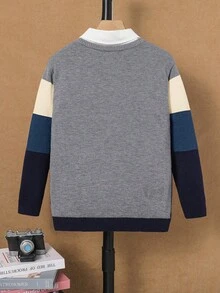 男童休闲撞色条纹针织圆领套头毛衣，秋冬季上衣 - 霧霾藍 - 查看 11