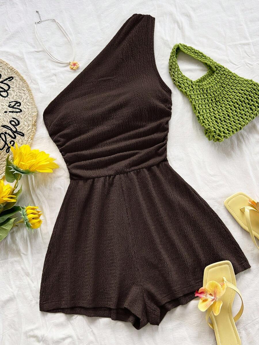 Soleia Women's Asymmetrical Shoulder Jumpsuit, Suitable For Summer Vacation, Brunch, Mother's Day, Graduation, Church, Beach, Music Festival, Airport, Afternoon Tea - Coffee Brown - View 1