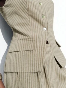 SHEIN Maija 2025 Autumn/Winter Striped Off-Shoulder Neck Front Button Up Blouse, Elegant Modern Casual For Commute, Party, Beach, Office Wear - Khaki - View 7