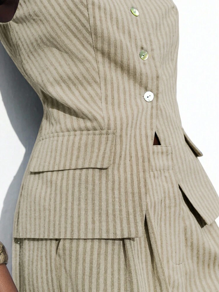 SHEIN Maija 2025 Autumn/Winter Striped Off-Shoulder Neck Front Button Up Blouse, Elegant Modern Casual For Commute, Party, Beach, Office Wear