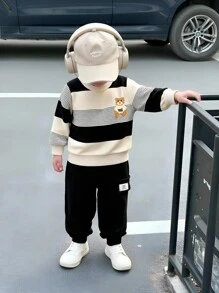 SHEIN Playful Pals 男婴撞色条纹小熊刺绣卫衣裤套装 男婴两件套 男婴休闲套装 男婴秋冬服装 - 黑色 - 查看 1