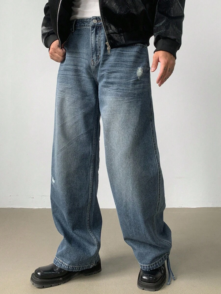 DAZY Men's Washed Plain Blue Denim Jeans, Autumn - Blue - View 1