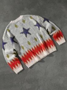 Manfinity EMRG Men's Colorblock Star Pattern Round Neck Button Front Long Sleeve Cardigan Back To School - Multicolor - View 2