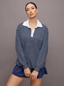 Activina 女式休闲条纹长袖运动 Polo 衫 - 藍色 - 查看 3