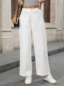 EMERY ROSE 女士休闲纯色直筒裤白色阔腿裤女白色裤子白色棉质裤子女白色裤子秋季女装外出老款女裤女装白色裤子阔腿裤女 - 白色 - 查看 6