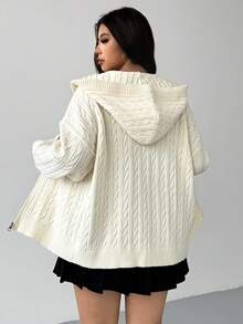 SHEIN EZwear Plus Size Casual Fashionable Versatile Zip-Up Long Sleeve Hooded Cardigans Knitwear Hooded Sweater Zip Up Sweater Cable Knit Sweater In Fall/Winter