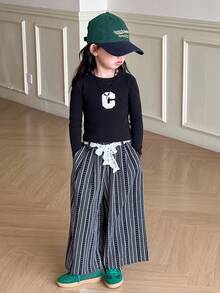 Dazy Kids Young Girl Casual Striped Wide Leg Pants With Belt - Apricot - View 3