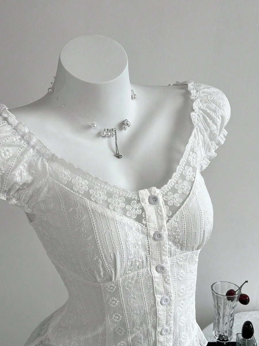 Elamini Casual Fashionable Versatile Lace Trim Fitted Women Shirt - White - View 1