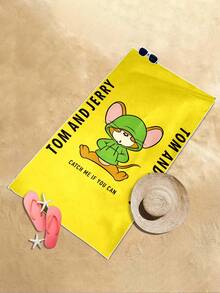 TOM & JERRY X SHEIN Letter & Cartoon Pattern Soft Beach Towel, And Safe, Accompany You To Spend A Refreshing Summer, Super - Fast Water - Absorbing Beach Towel - Yellow - View 9