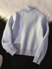 SHEIN Tween Boy Solid Color Stand Collar Long Sleeve Casual Fleece Sweater, Winter Fall - Baby Blue - View 5