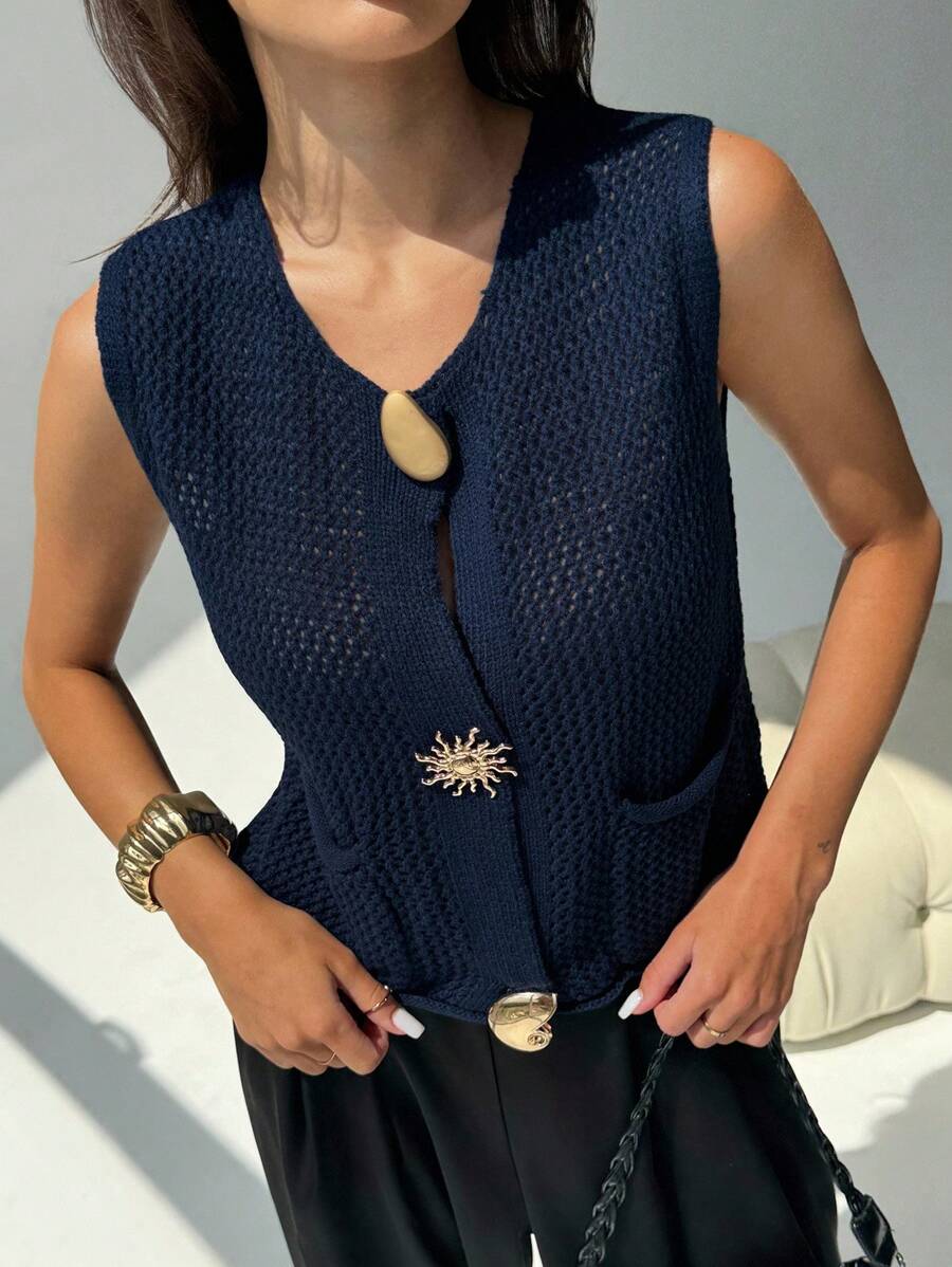 Aloruh New Arrival Autumn Round Neck Sleeveless Metal Button Decor Chunky Knit Cardigan Vest Top - Navy Blue - View 1