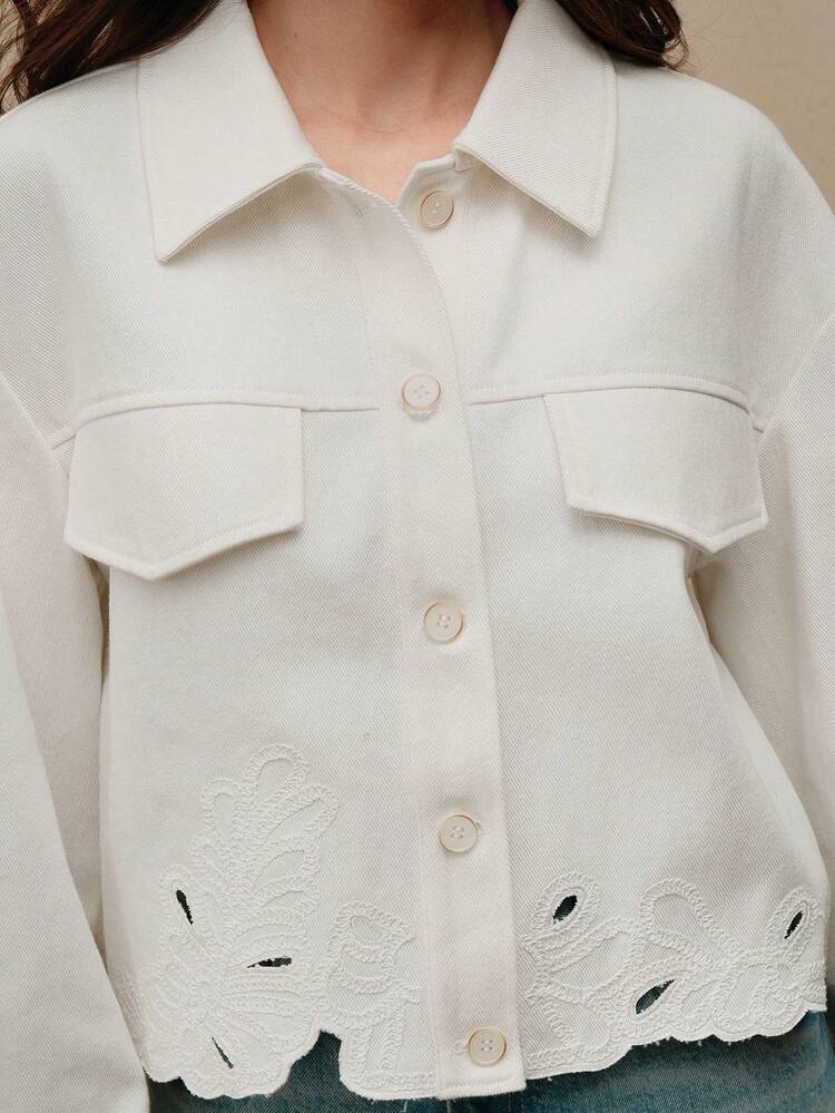 Women's Short Embroidered Denim Jacket, Lightweight, Modern, White, Autumn/Winter