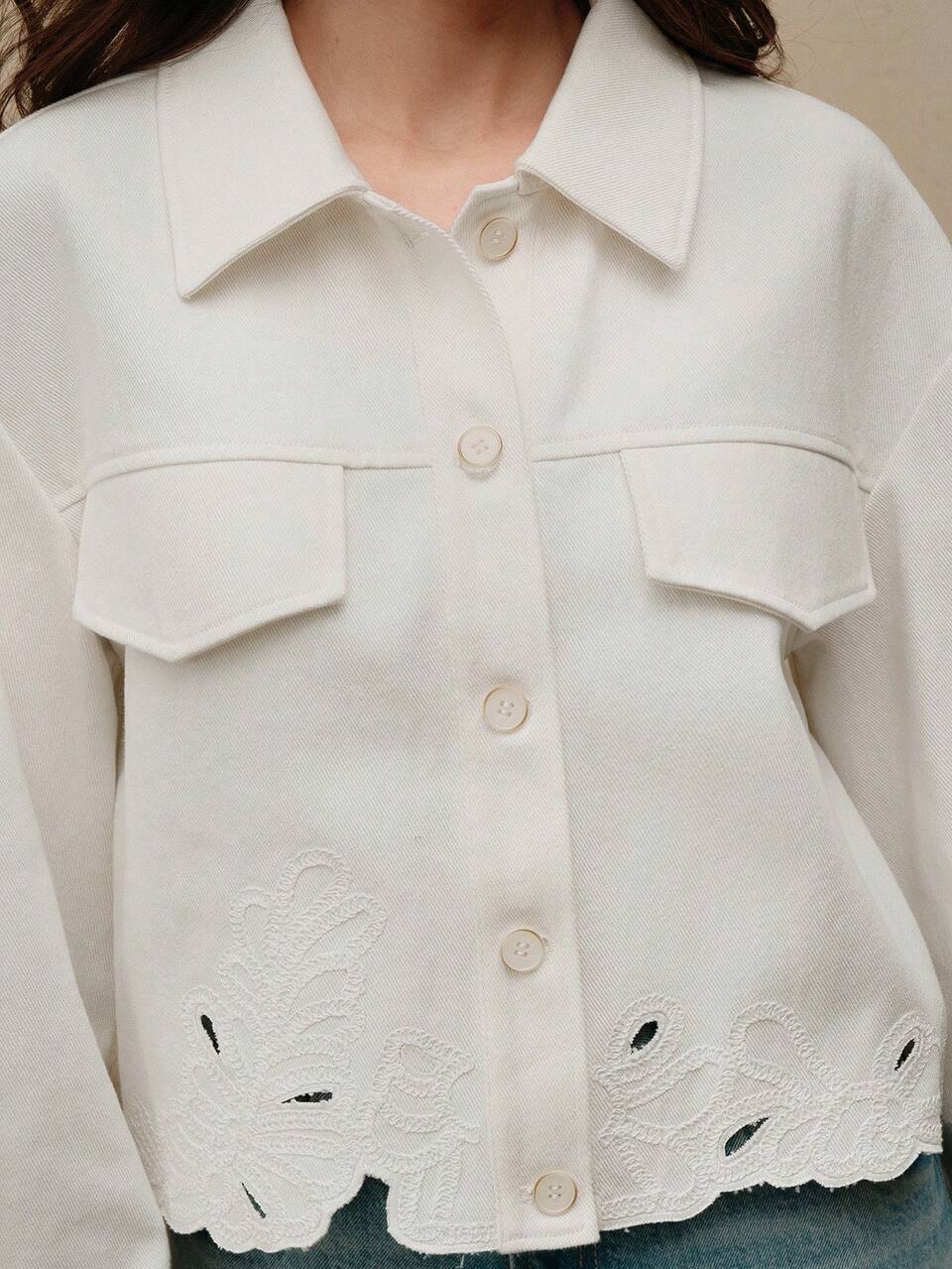 Women's Short Embroidered Denim Jacket, Lightweight, Modern, White, Autumn/Winter