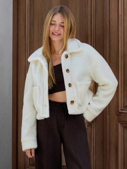 EURMUSE Sherpa Fleece Cropped Jacket With Spread Collar, Front Button Closure, And Patch Pockets, Soft And Cozy Outerwear, Boho Collertion 90s Outfit Women Fur Jacket Faux Fur Coat Crop Jacket Shackets For Women