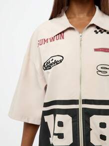 SUMWON 加大码复古学院风拉链印花短袖夹克宽松轻薄夏季春季街头服饰 - 杏色 - 查看 7
