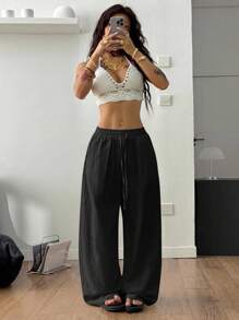 Coolane 女式夏季乡村音乐会外出海滩波西米亚风基本款简约水洗 100% 纯棉裤子 - 黑色 - 查看 5