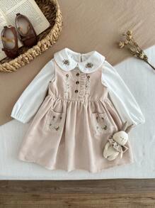 SHEIN 2 件套女婴幼儿 0-3 岁休闲日常乡村风格针织娃娃领衬衫和灯芯绒刺绣卡其色无袖连衣裙秋冬装 - 杏色 - 查看 3