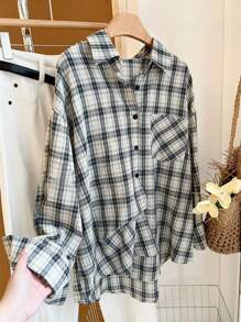 SHEIN 女式格子落肩长袖单排扣口袋休闲衬衫 - 彩色 - 查看 2