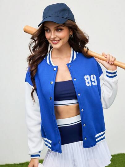 Cheerettes Chaqueta deportiva de manga larga con estampado de color contrastante para mujer