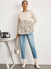MaterniWear 办公室,商务休闲女装,秋装,孕妇装秋装孕妇装孕妇装圆领长袖拼布印花荷叶边下摆哺乳上衣孕妇上衣豹纹上衣孕妇装荷叶边上衣孕妇毛衣针织上衣针织孕妇上衣 - 杏色 - 查看 5