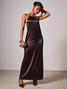 COSMINA Women's Elegant Halter Neck Satin Long Dress - Brown - View 4