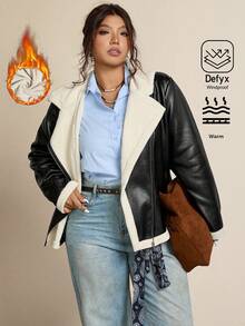 Freevana Plus Size Faux Fur Collar PU Leather Long Sleeve Jacket, Biker Style, Winter - Black and White - View 1