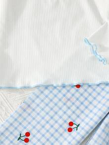 SHEIN 两件套女童圆领刺绣樱桃图案弹力腰格纹条纹樱桃休闲套装，长袖上衣和喇叭裤，秋冬款 - 彩色 - 查看 3