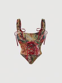 Top de tirantes con estampado floral retro, con cordones delanteros y traseros, top de invierno, top para salir, ropa de playa para mujer, ropa para mujer, ropa de fiesta para mujer, ropa p - Burdeos - Ver 6