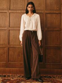 Poéselle Women's Elegant Espresso Brown High-Rise Tailored Wide-Leg Trousers,Pleated Office Dress Pants,Autumn Quiet Luxury Wardrobe,Slouchy Work Casual Pants - Brown - View 3