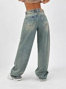 EURMUSE 100% Cotton LOW RISE WIDELEG CUT VINTAGE WASH Y2K BAGGY JEANS PETITE - Medium Wash - View 2