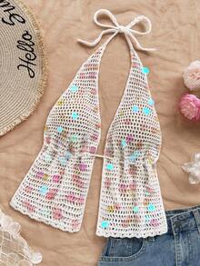 Soleia Sexy V-Neck Spaghetti Strap Backless Tie-Up Faux Scales Decor Women's Knit Camisole, Suitable For Holiday, Date, Afternoon Tea, Vacation, Music Festival, Bohemian, Seaside, Beach, Summer - Beige - View 7