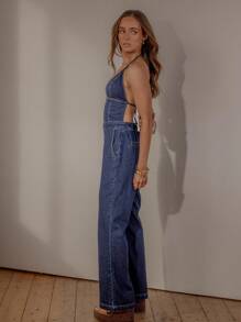 Aralina Salopetă de vacanță din denim cu nod în spate, vară / iarnă / toamnă, stil Stockholm Y2K - Spălare întunecată - Vizualizare 9