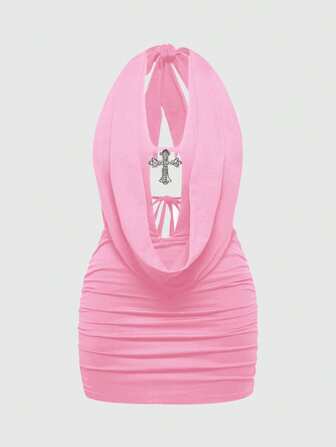 Grunge Punk Sexy Millennium Pendant Cross Halter Tie Neck Plus Size Dress